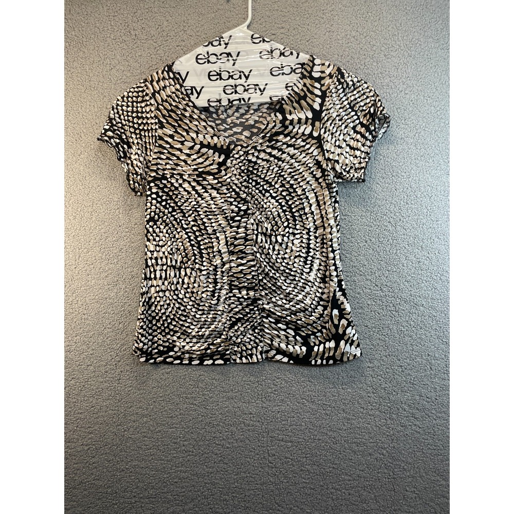Worthington Women Top XL Brown Geometric Blouse Stretch Cap Sleeve Scoop